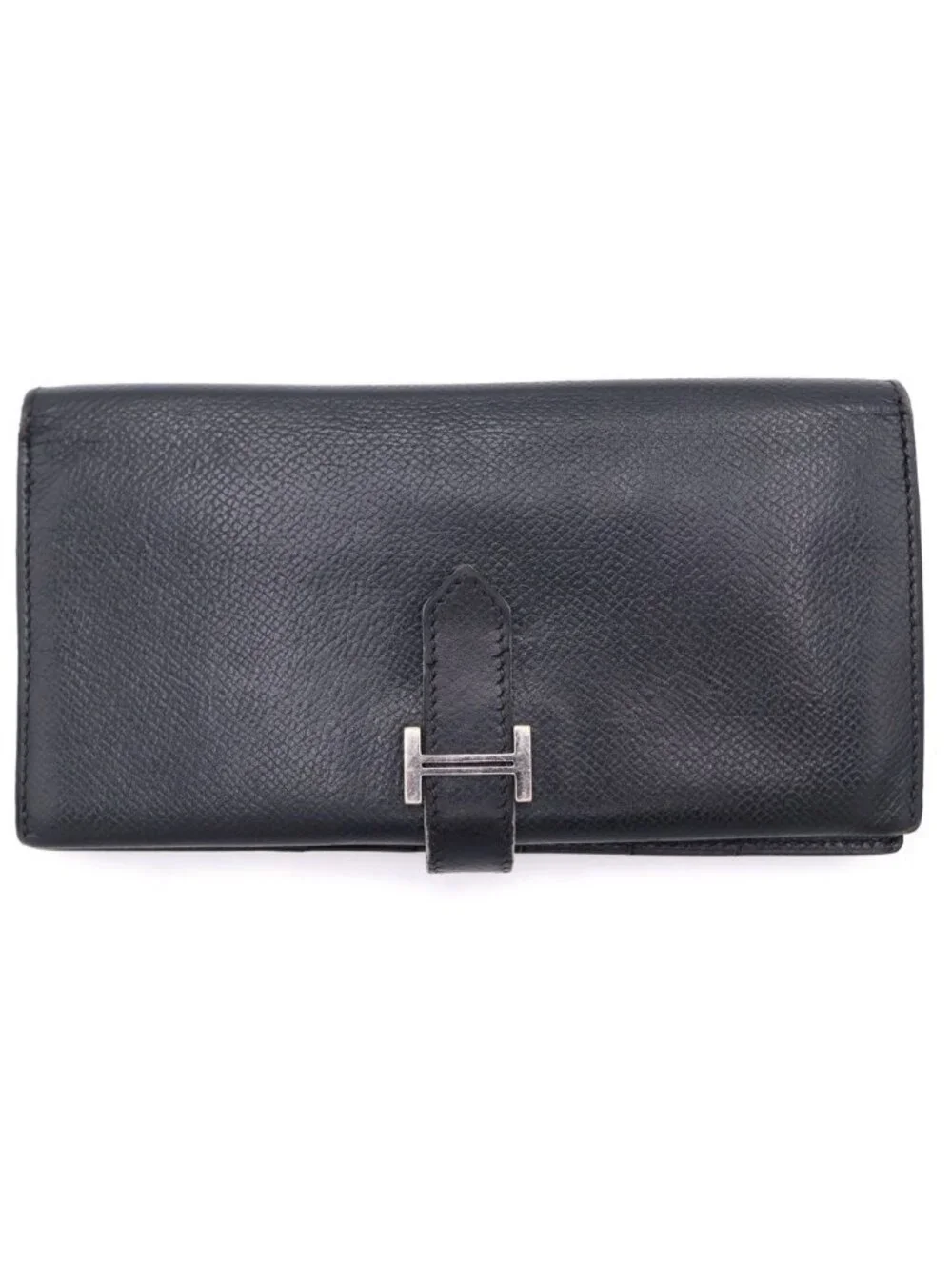Hermes Bearn Classic Wallet Card Case Black Veau Epsom Silver